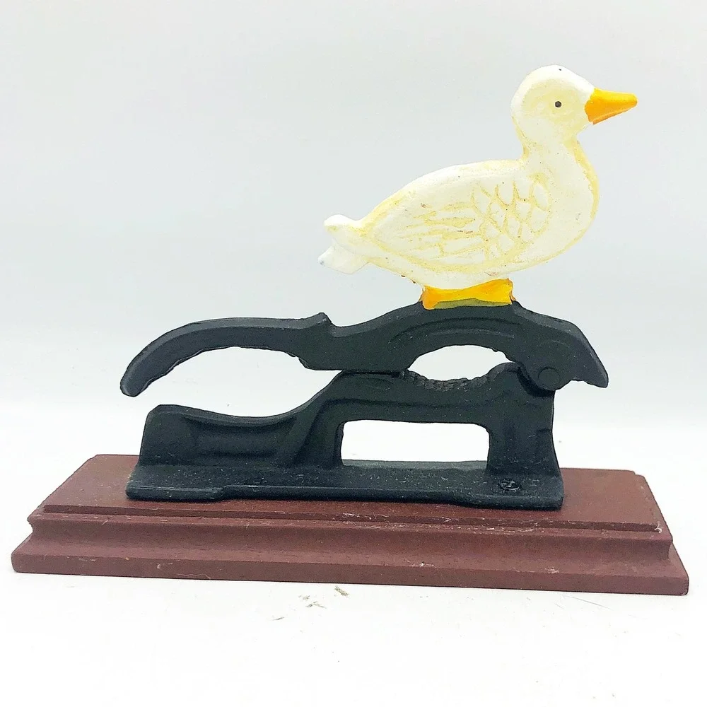 Cast Iron White Duck Nutcracker On Wooden Base
